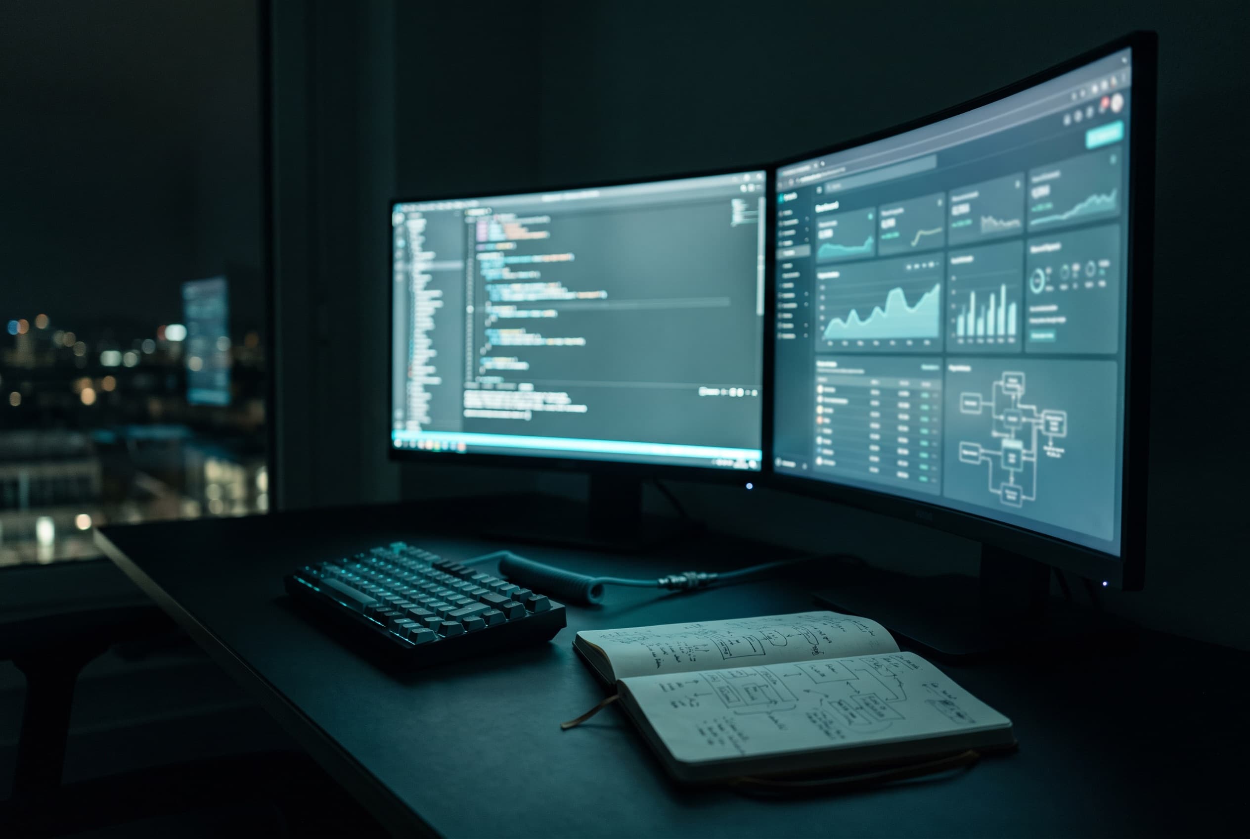 Poste de travail de développement la nuit, deux écrans diffusant une lueur cyan sur le bureau.