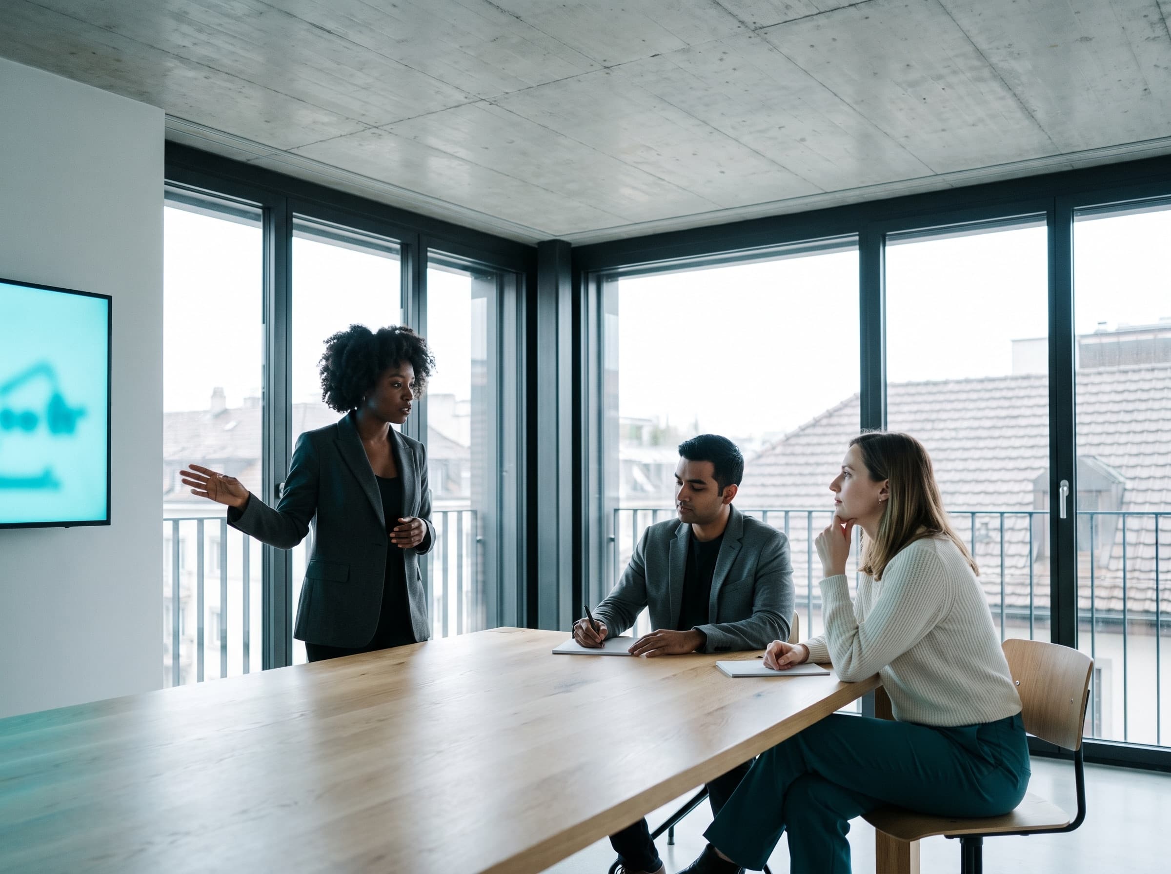 Trois consultants d'IBOS Consulting en réunion de travail autour d'une table, dans un bureau genevois lumineux.