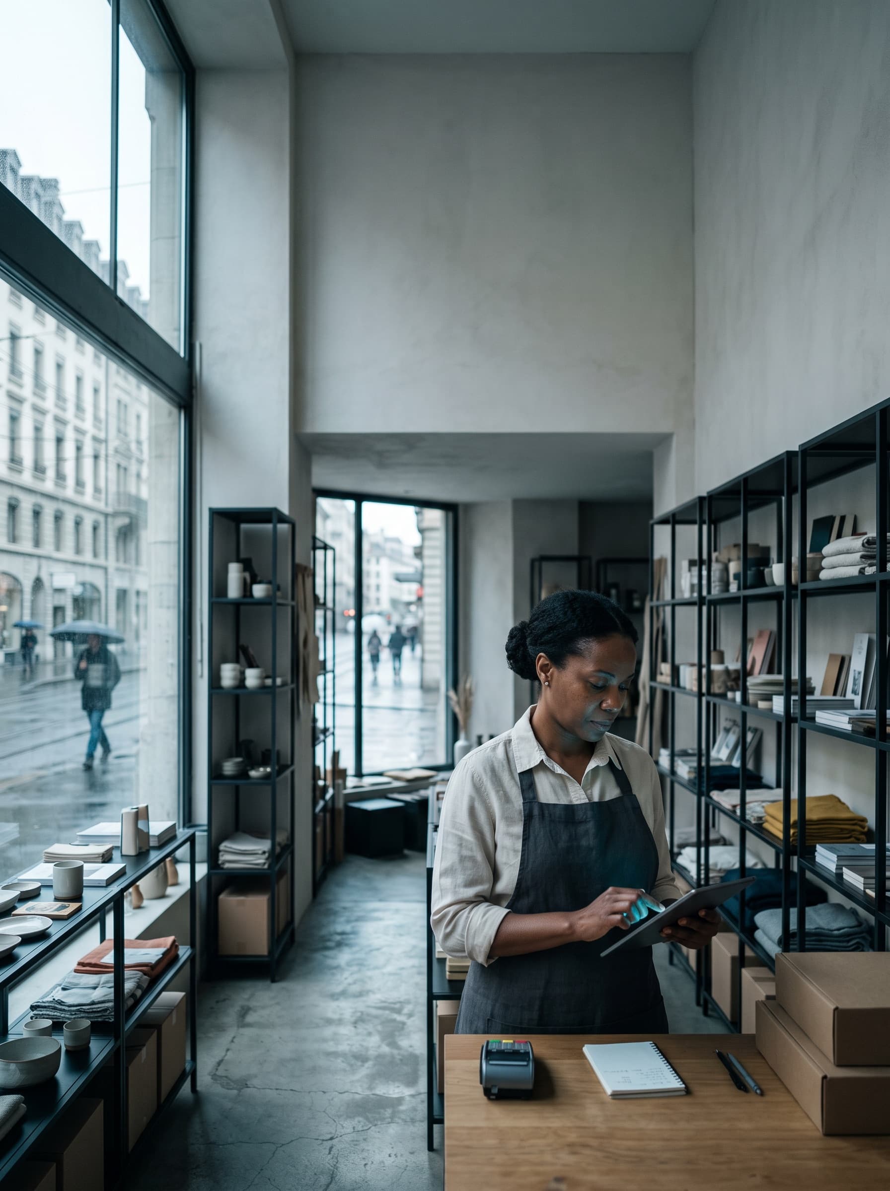 Commerçante genevoise consultant une commande sur une tablette derrière le comptoir de sa boutique, rue pluvieuse visible par la vitrine.