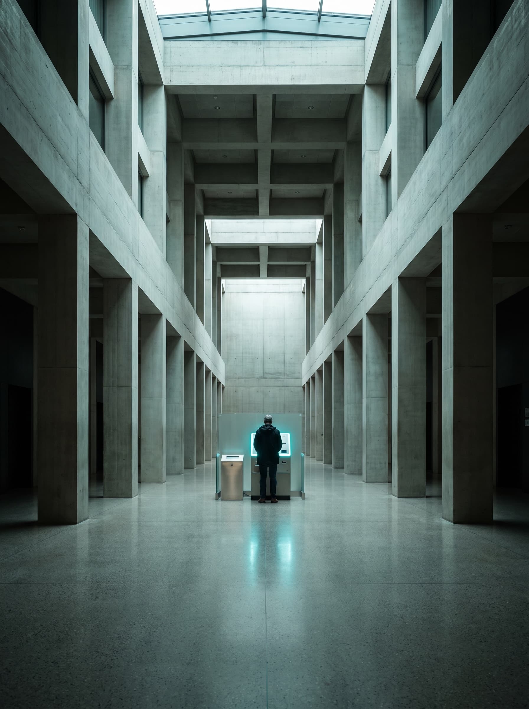 Hall d'un bâtiment administratif suisse en béton brut, un usager seul devant une borne de service en libre-accès.